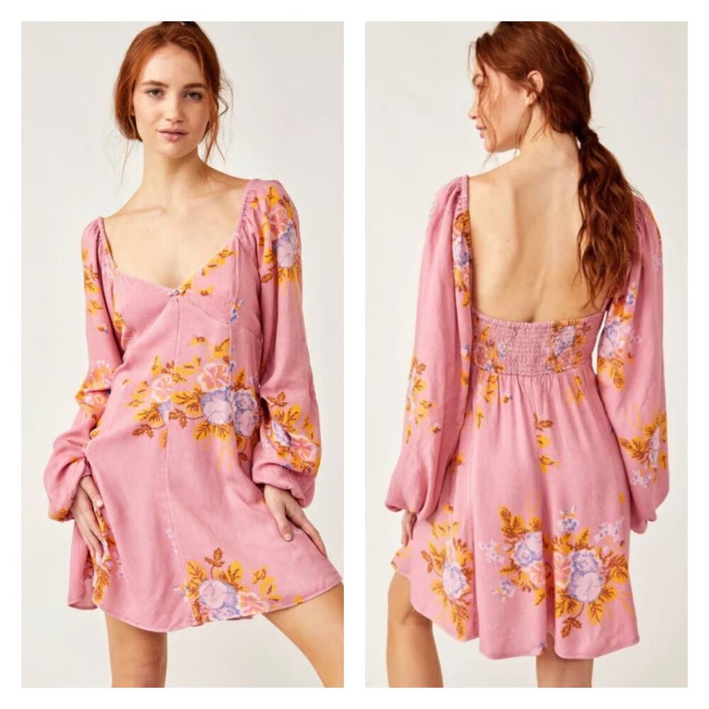 Free People Francesca Bohemian Floral Pink Rose Combo Mini Dress Size M